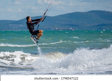 BULGARIA, BURGAS - AUGUST 17 2020: Kite Surf Training Of The Team On Burgas Beach. Burgas Bay Is The Best Place For Kite Surfing And Water Sports In Bulgaria.