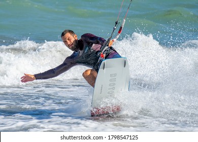 BULGARIA, BURGAS - AUGUST 17 2020: Kite Surf Training Of The Team On Burgas Beach. Burgas Bay Is The Best Place For Kite Surfing And Water Sports In Bulgaria.