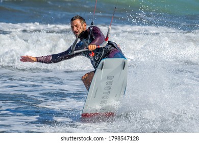 BULGARIA, BURGAS - AUGUST 17 2020: Kite Surf Training Of The Team On Burgas Beach. Burgas Bay Is The Best Place For Kite Surfing And Water Sports In Bulgaria.