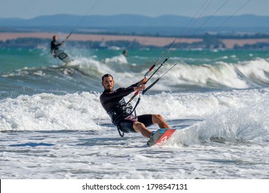 BULGARIA, BURGAS - AUGUST 17 2020: Kite Surf Training Of The Team On Burgas Beach. Burgas Bay Is The Best Place For Kite Surfing And Water Sports In Bulgaria.