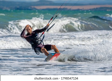 BULGARIA, BURGAS - AUGUST 17 2020: Kite Surf Training Of The Team On Burgas Beach. Burgas Bay Is The Best Place For Kite Surfing And Water Sports In Bulgaria.