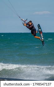 BULGARIA, BURGAS - AUGUST 17 2020: Kite Surf Training Of The Team On Burgas Beach. Burgas Bay Is The Best Place For Kite Surfing And Water Sports In Bulgaria.