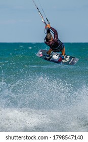 BULGARIA, BURGAS - AUGUST 17 2020: Kite Surf Training Of The Team On Burgas Beach. Burgas Bay Is The Best Place For Kite Surfing And Water Sports In Bulgaria.