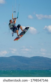 BULGARIA, BURGAS - AUGUST 17 2020: Kite Surf Training Of The Team On Burgas Beach. Burgas Bay Is The Best Place For Kite Surfing And Water Sports In Bulgaria.