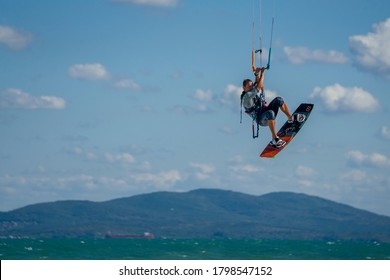 BULGARIA, BURGAS - AUGUST 17 2020: Kite Surf Training Of The Team On Burgas Beach. Burgas Bay Is The Best Place For Kite Surfing And Water Sports In Bulgaria.