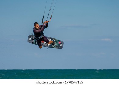 BULGARIA, BURGAS - AUGUST 17 2020: Kite Surf Training Of The Team On Burgas Beach. Burgas Bay Is The Best Place For Kite Surfing And Water Sports In Bulgaria.