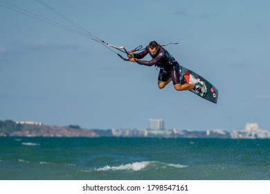 BULGARIA, BURGAS - AUGUST 17 2020: Kite Surf Training Of The Team On Burgas Beach. Burgas Bay Is The Best Place For Kite Surfing And Water Sports In Bulgaria.