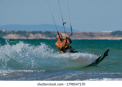 BULGARIA, BURGAS - AUGUST 17 2020: Kite Surf Training Of The Team On Burgas Beach. Burgas Bay Is The Best Place For Kite Surfing And Water Sports In Bulgaria.