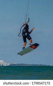 BULGARIA, BURGAS - AUGUST 17 2020: Kite Surf Training Of The Team On Burgas Beach. Burgas Bay Is The Best Place For Kite Surfing And Water Sports In Bulgaria.