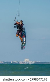 BULGARIA, BURGAS - AUGUST 17 2020: Kite Surf Training Of The Team On Burgas Beach. Burgas Bay Is The Best Place For Kite Surfing And Water Sports In Bulgaria.