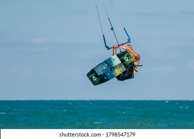 BULGARIA, BURGAS - AUGUST 17 2020: Kite Surf Training Of The Team On Burgas Beach. Burgas Bay Is The Best Place For Kite Surfing And Water Sports In Bulgaria.