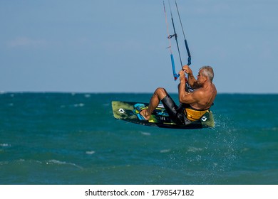 BULGARIA, BURGAS - AUGUST 17 2020: Kite Surf Training Of The Team On Burgas Beach. Burgas Bay Is The Best Place For Kite Surfing And Water Sports In Bulgaria.