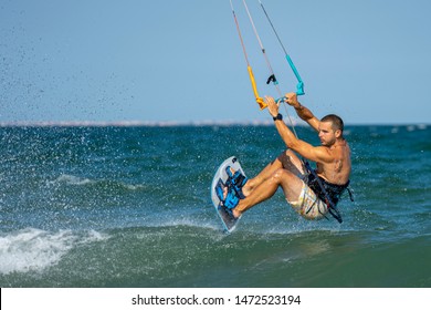 BULGARIA, BURGAS - AUGUST 7 2019: Kite Surf Training On Burgas Beach. Burgas Bay Is The Best Place For Kite Surfing In Bulgaria.