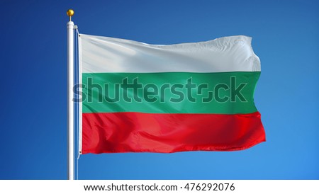 Bulgaria flag waving against clean blue sky, close up, isolated with clipping mask alpha channel transparency