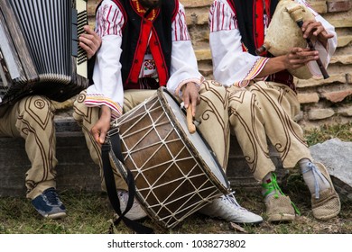 Bulgaria. Folklore dance. Folklore musician. Music instruments. Drum, bagpipe, akkardion.
