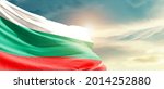 Bulgaria national flag waving in beautiful sky.