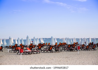 Bulgaria, Sunny Beach - July 18, 2019: Empty Sandy Beaches Of Bulgaria. No People