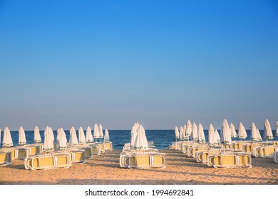 Bulgaria, Sunny Beach - July 18, 2019: Empty Sandy Beaches Of Bulgaria. No People