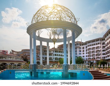 Bulgaria, Sunny Beach - July 18, 2019: Swimming Pool Is Empty, No People On Bulgaria Resorts 