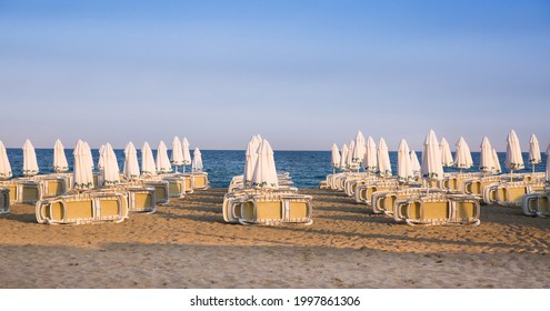 Bulgaria, Sunny Beach - July 18, 2019: Empty Sandy Beaches Of Bulgaria. No People