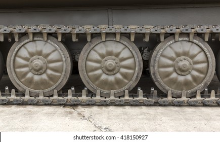 Bulgarian Army Battle Tank. Tank Tread With Wheels.