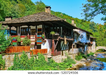 Bulgarian Houses on the Bank of a Small River