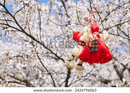 Bulgarian traditional spring decor Martenitsa on the cherry blossom tree. Baba Marta holiday.