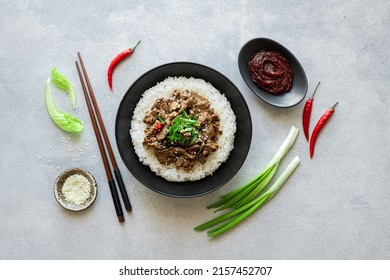 Bulgogi With Rice, Traditional Korean Beef Dish, Asian Food, Flat Lay