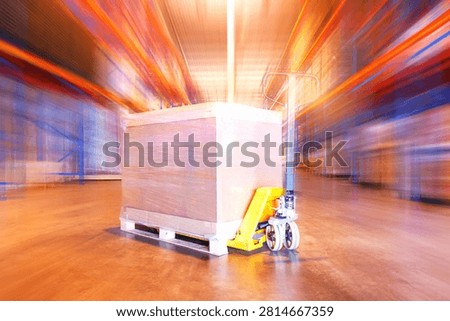 Bulk of Boxes Pallet and Hand Pallet Jack. Tall Shelves Storage Warehouse. Cartons, Cardboard Boxes. Supply Chain, Supplies Goods Shipment. Shipping Warehouse Logistics.