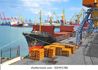 Bulk Cargo Ship Under Port Crane Bridge, Odessa, Ukraine