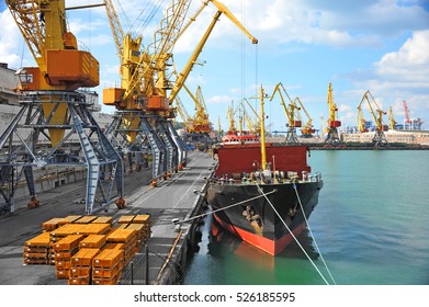 Bulk Cargo Ship Under Port Crane Bridge, Odessa, Ukraine