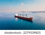 Bulk carrier or bulker anchored nearby port waiting uploading, Aerial wide shot