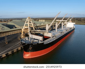 Bulk carrier docked with conveyor loading spodumene into an open hatch.