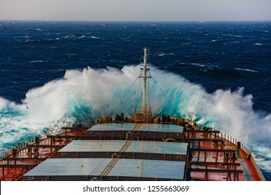 Bulk Carrier Goes Towards The Waves.