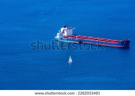 Bulk carrier on Bay of Gibraltar seen from the Upper Rock. UK