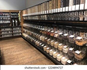A bulk food section where customers can refill containers to buy food without packaging to be zero waste. Customers can choose the amount the want and pay by weight.