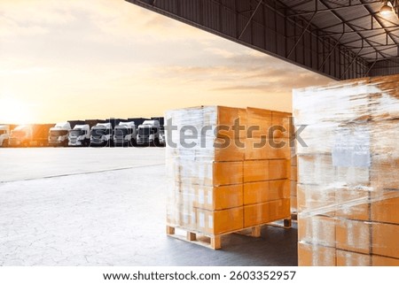 Bulk of Package Boxes Waiting to be Loaded into Containers Trucks. Distribution Shipping Cargo Container. Semi Trailer Trucks on The Parking Lot at Sunset. Freight Truck Logistics Transportation.	
