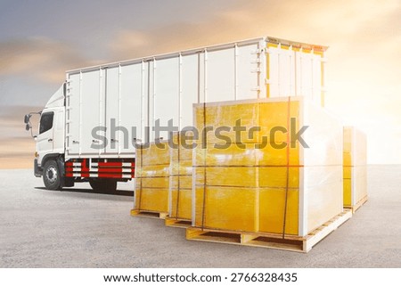 Bulk of Package Boxes Waiting to be Loaded into Containers Trucks. Carton, CardBoard Boxes. Distribution Warehouse, Shipping Cargo Container. Freight Truck Logistics Transportation.