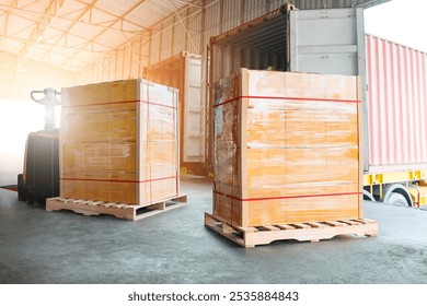 Bulk of Package Boxes Wrapped Plastic Stacked on Pallets. Loading  Container Trucks at Warehouse Dock. Distribution Warehouse Shipping, Supply Chain, Shipment. Freight Truck Logistics Transportation.