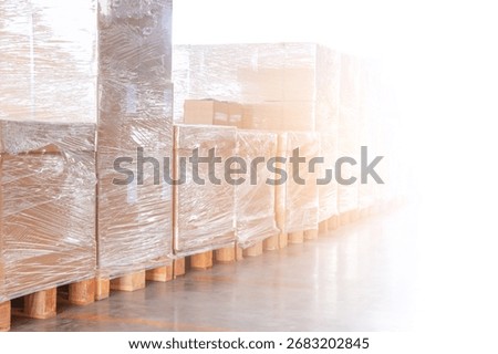 Bulk of Package Boxes Wrapped Plastic on Pallets. Cartons, Cardboard Boxes. Storage Warehouse. Supply Chain, Supplies Goods Shipment. Shipping Warehouse Logistics.