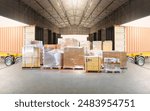 Bulk pallets of packaging boxes being loaded onto a container truck. distribution warehouse Container transport, supply chain, parcel delivery. Freight truck, logistics, transportation.