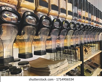 Bulk Store, Zero Waste Shopping. Refillable Food Dispensers With Pasta,grains,rice And Other Variety Of Groceries. Support Local Small Business. Plastic Free Shop