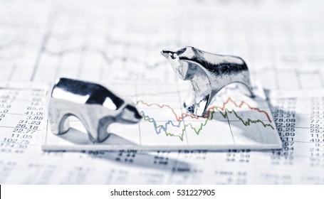 Bull and Bear are on a graphic with market prices. - Shutterstock ID 531227905
