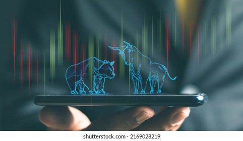 bull and bear shape writing by lines and dots over the Stock market chart with information over the Modern business building glass of skyscrapers, trading and finance investment concept 