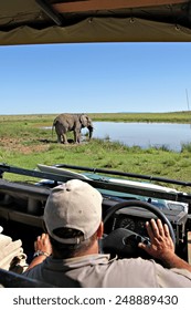 A Bull Elephant Wades Into A Watering Hole In A South African Game Park As A Game Ranger Looks On.