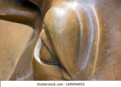 Bull Eye Detail Statue In Wall Street Stock Exchange New York