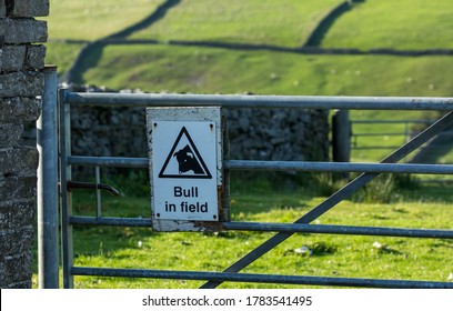 Bull in Field sign, attached to a galvanised farm gate in Swaledale, North Yorkshire, UK.  Blurred background of agricultural pasture land.  Horizontal.  Space for copy.