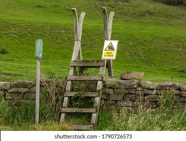 Bull in field warning sign attached to a ladder stile leading to a public footpath over a drystone wall.  Caution to walkers and hikers to take care. Horizontal.  Space for copy.