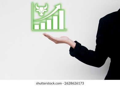 Bull graph concept with upward bar chart and bullish icon representing market growth and rising trends. Ideal for finance, investment, trading, and economic optimism design visuals.