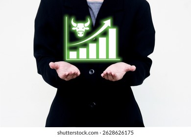 Bull graph concept with upward bar chart and bullish icon representing market growth and rising trends. Ideal for finance, investment, trading, and economic optimism design visuals.